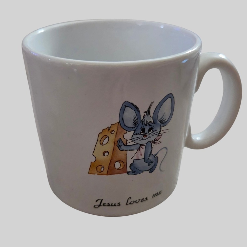 Vintage Jesus Loves Me Mouse & Cheese Mug Made in England Kids Kitsch Cute